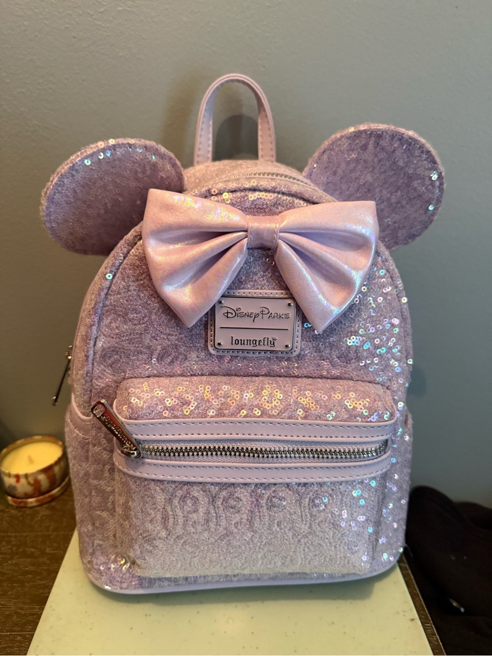 Loungefly Lilac Sequin Minnie Ear Mini Backpack with Bow
